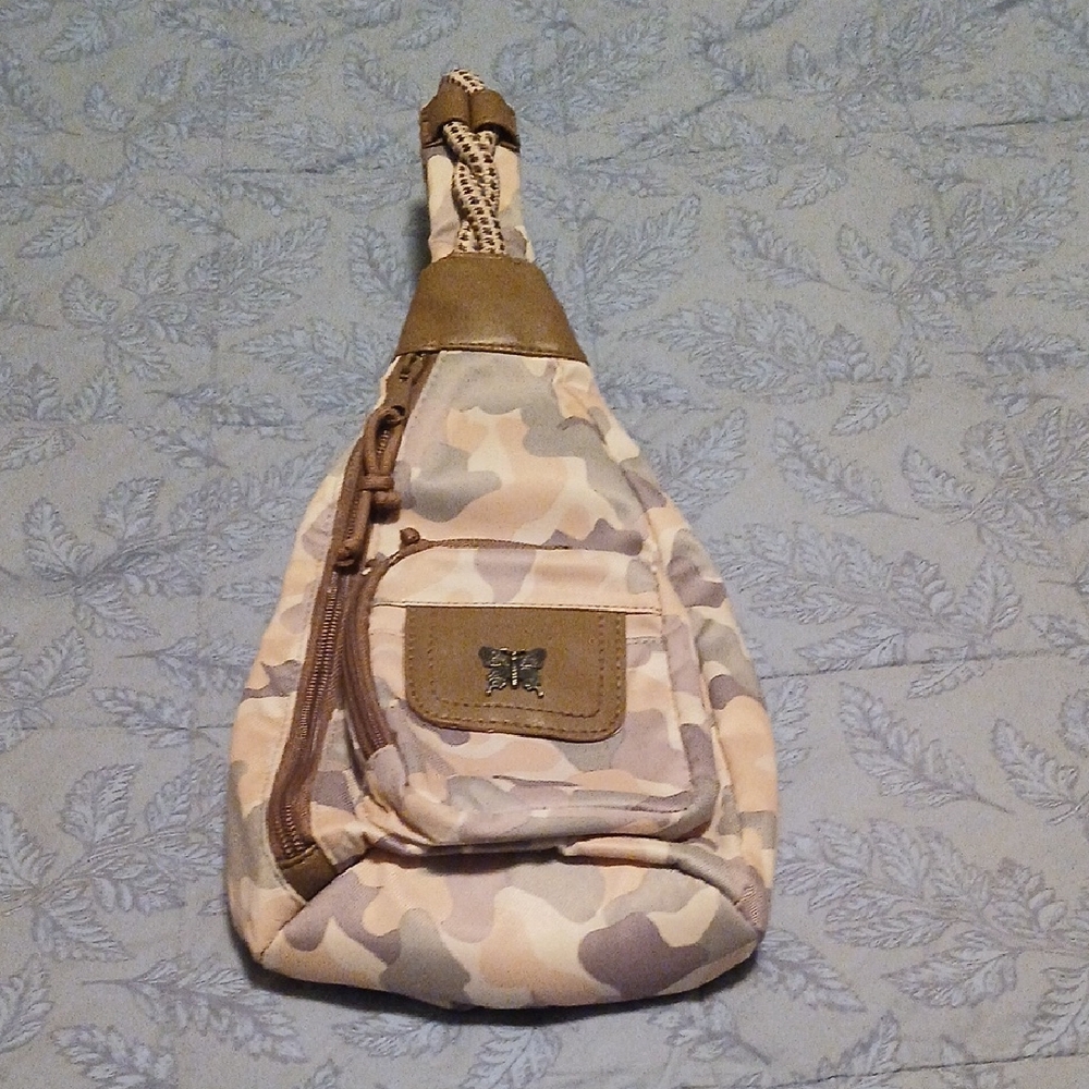 Women's/Girls Pink Camouflage Sling Bag with Butterfly Accent